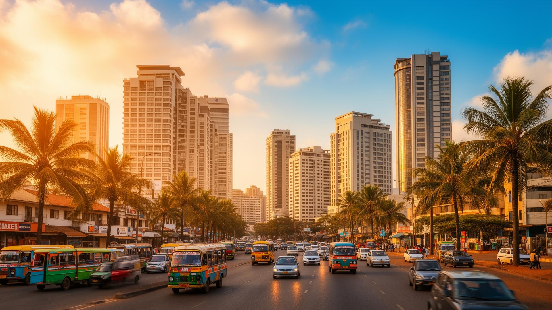 Dar es Salaam CBD skyline at golden hour with busy streets and palm trees